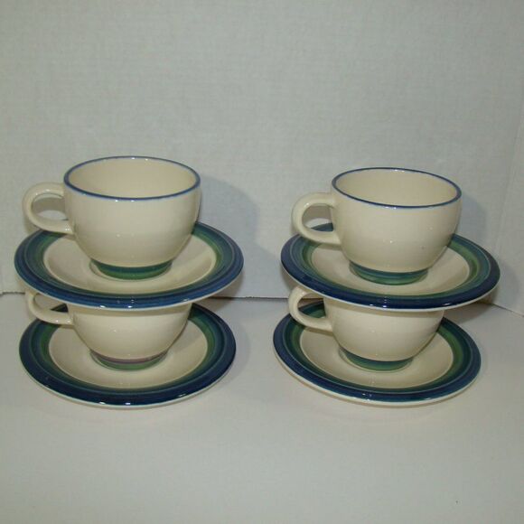 4 Sets Pfaltzgraff Stoneware Ocean Breeze Flat Cup & Saucer - Picture 3 of 8